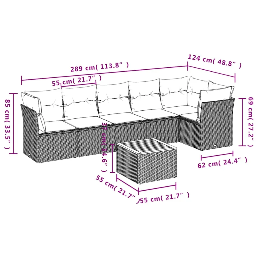 Salon de jardin 7 pcs avec coussins gris résine tressée - 10