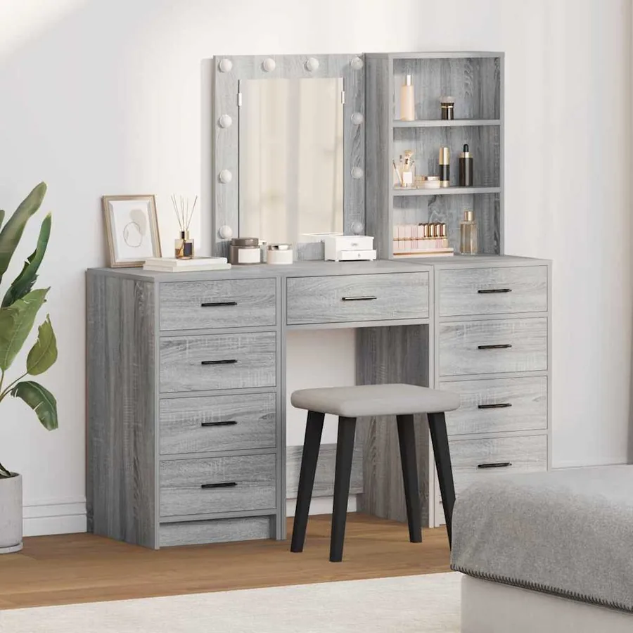 Table de Toilette avec tiroir 3 pcs Gris Bois d'ingénierie