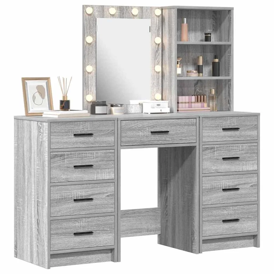 Table de Toilette avec tiroir 3 pcs Gris Bois d'ingénierie - 3