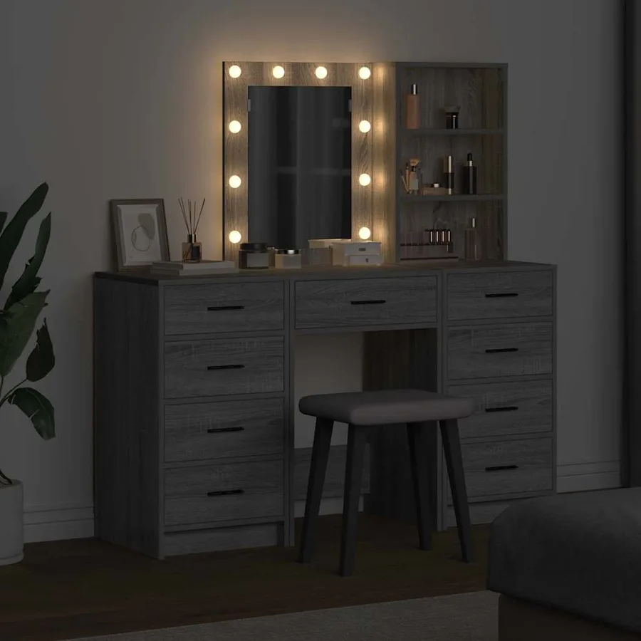 Table de Toilette avec tiroir 3 pcs Gris Bois d'ingénierie - 4