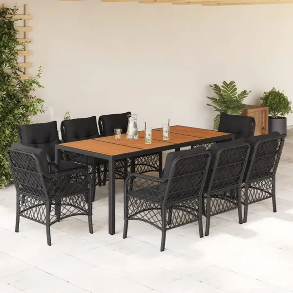 Ensemble à manger de jardin 9pcs coussins noir résine tressée