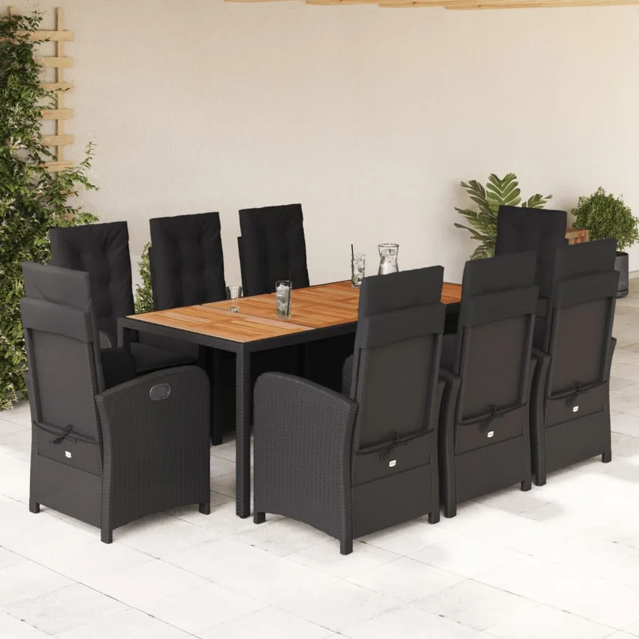 Ensemble à manger de jardin 9pcs coussins noir résine tressée