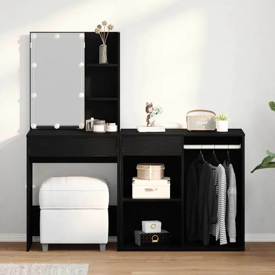 Ensemble de table de maquillage LED avec tiroir Chêne noir