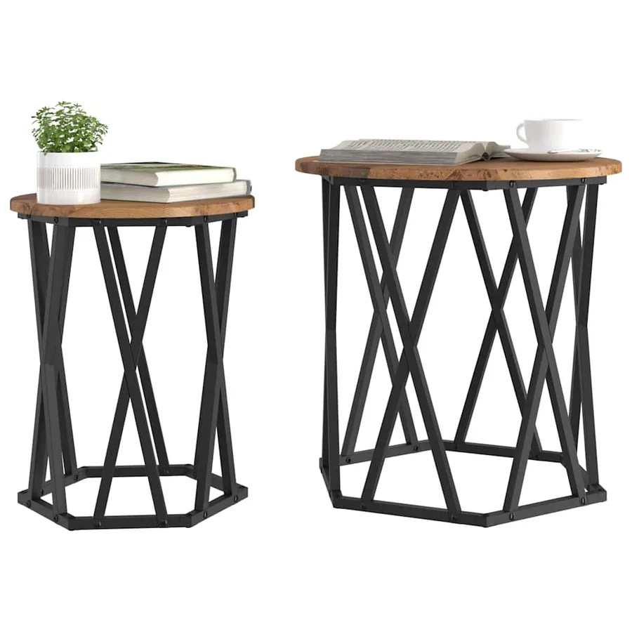 Table basse 2 pcs Bois Ancien Bois d'ingénierie et acier - 3