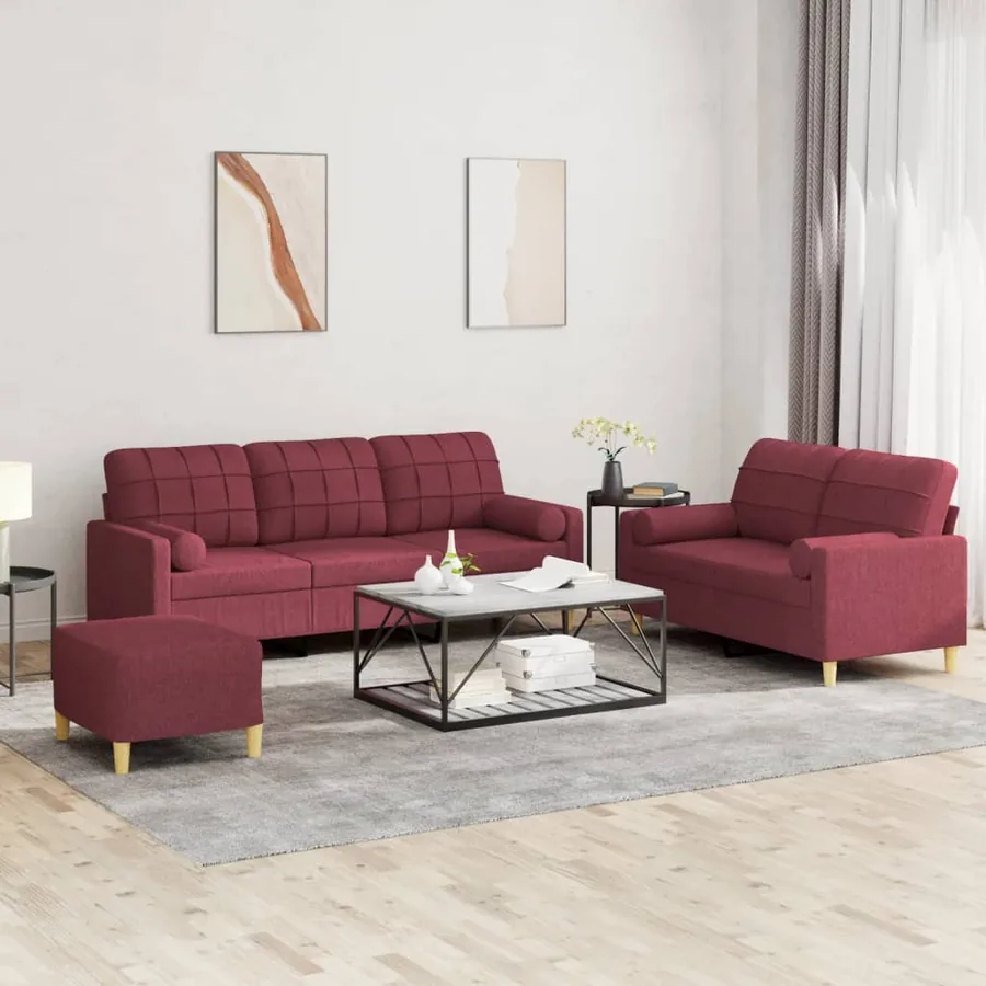 Ensemble de canapés 3 pcs avec coussins rouge bordeaux tissu