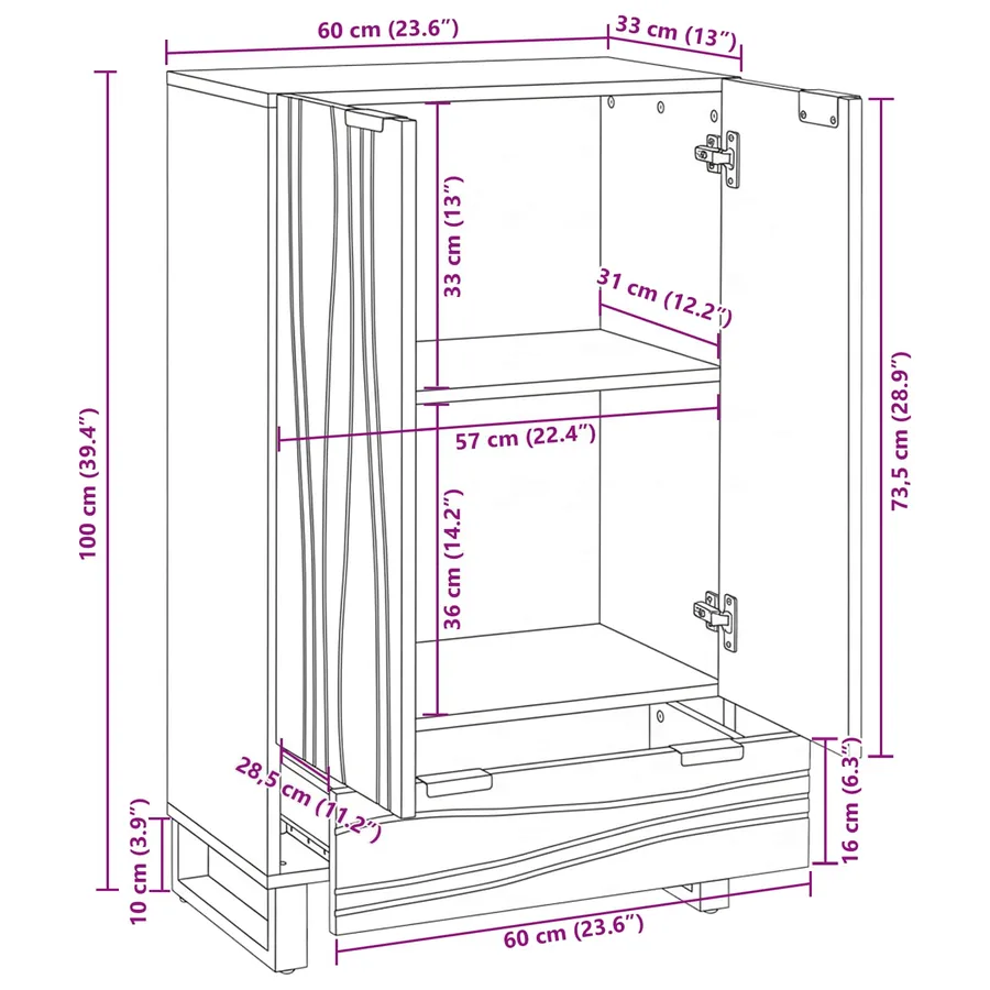 Buffet Marron 60 x 33 x 100 cm bois de manguier massif - 11