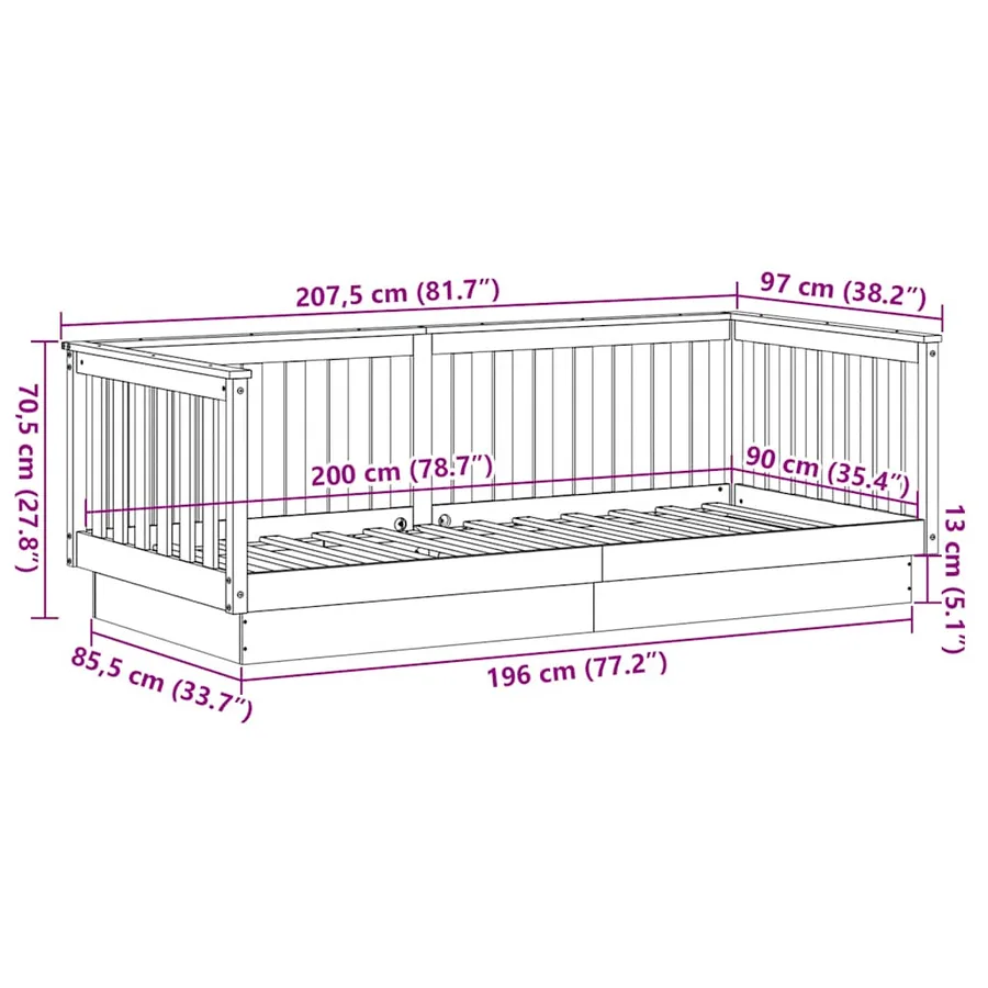 Lit de jour sans matelas 90x200 cm en pin massif - 10