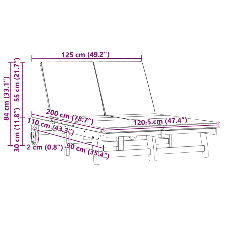 Transat Marron 125 x 200 x 84 cm Bois d'Acacia Massif - 10