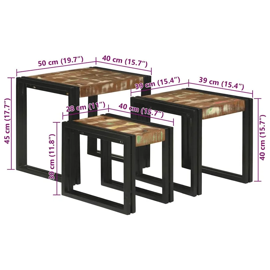 Table Gigogne 3 pcs Bois massif récupéré et métal - 11