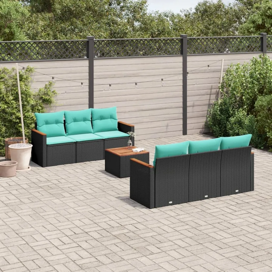 Ensemble de canapé de jardin 7 pcs avec coussins noir résine tressée