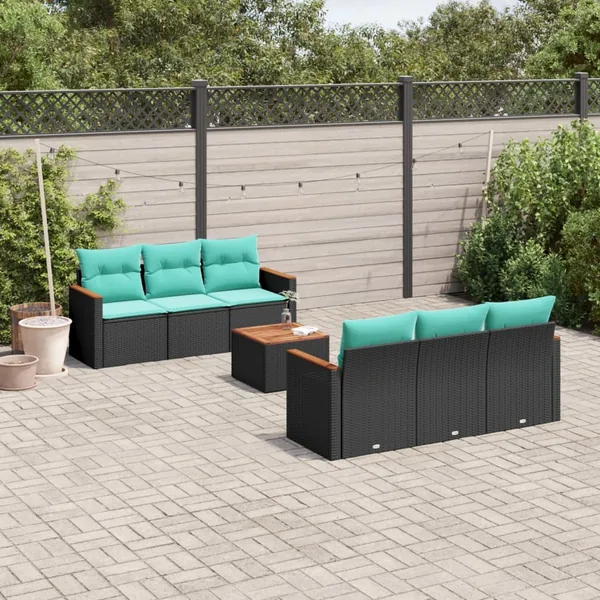 Ensemble de canapé de jardin 7 pcs avec coussins noir résine tressée