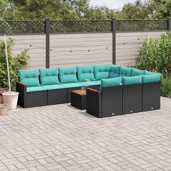 Ensemble de canapé de jardin 11 pcs avec coussins noir résine tressée