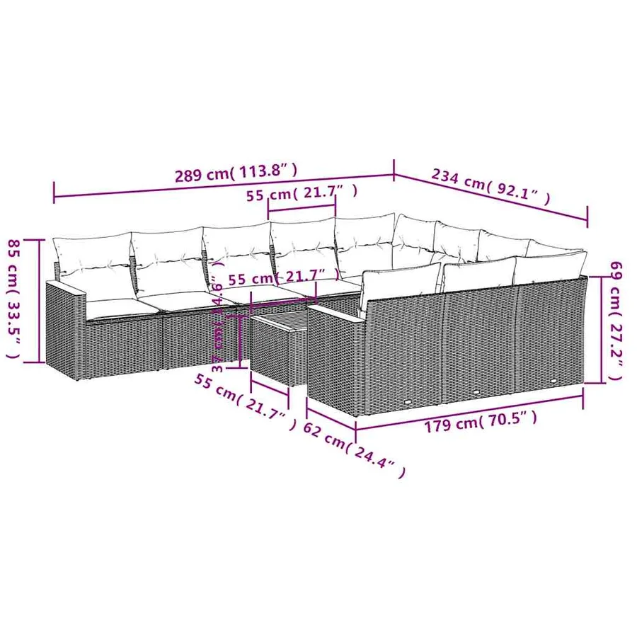 Ensemble de canapé de jardin 11 pcs avec coussins noir résine tressée - 8
