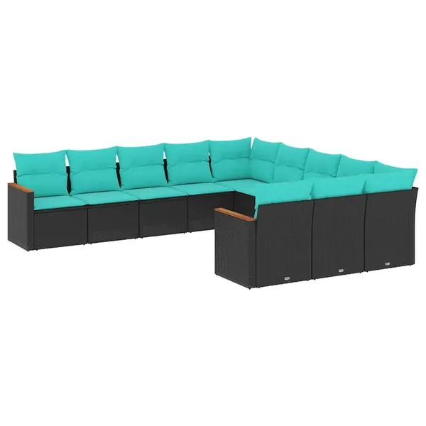 Salon de jardin 11 pcs avec coussins noir résine tressée