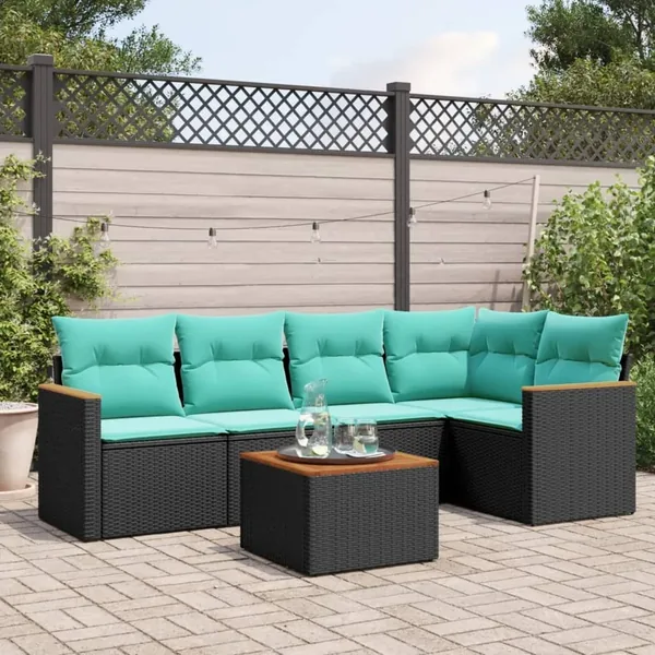 Ensemble de canapé de jardin 6 pcs avec coussins noir résine tressée