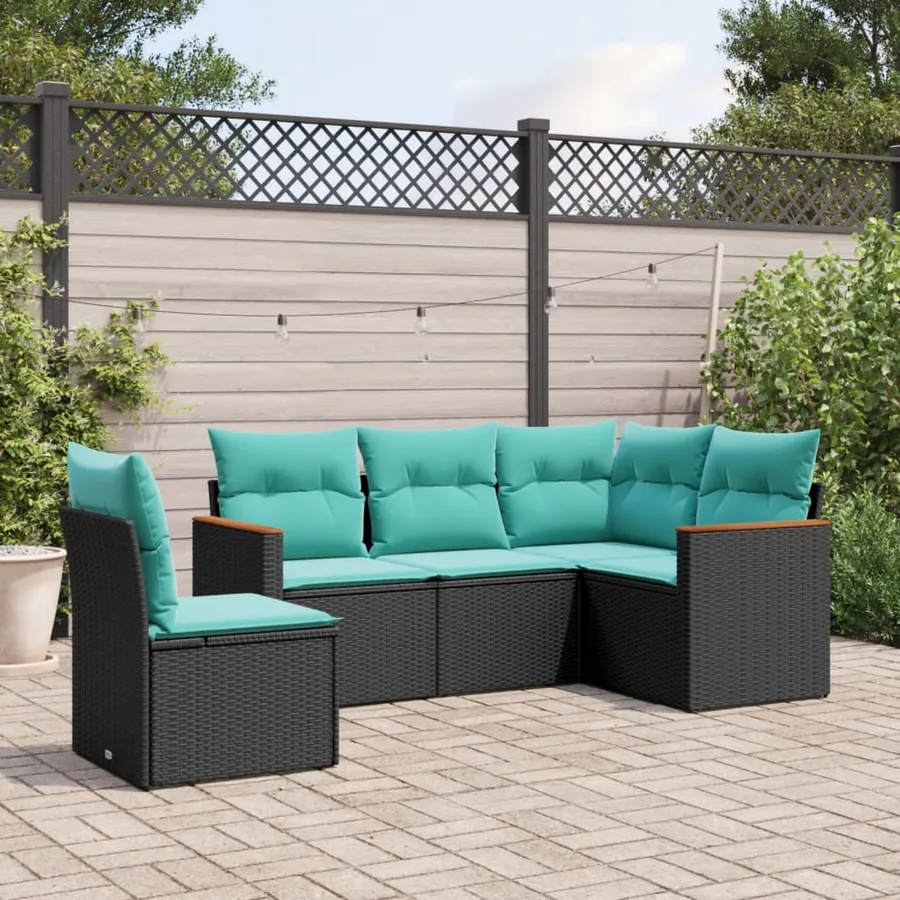 Salon de jardin 5 pcs avec coussins noir résine tressée