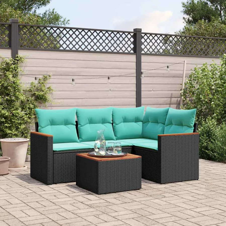 Ensemble de canapé de jardin 5 pcs avec coussins noir résine tressée