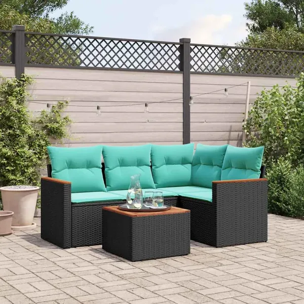 Ensemble de canapé de jardin 5 pcs avec coussins noir résine tressée