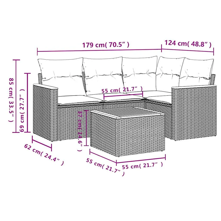 Ensemble de canapé de jardin 5 pcs avec coussins noir résine tressée - 8
