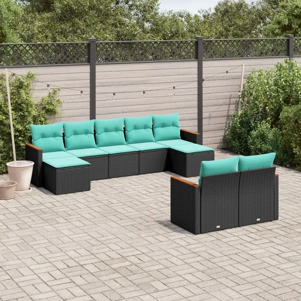 Salon de jardin 9 pcs avec coussins noir résine tressée