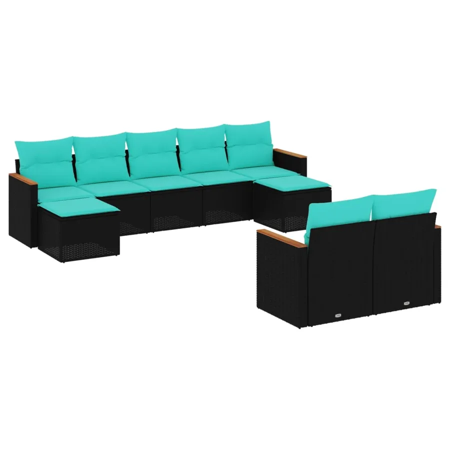 Salon de jardin 9 pcs avec coussins noir résine tressée - 2