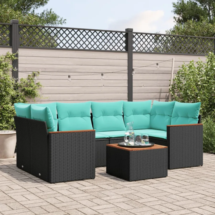 Ensemble de canapé de jardin 7 pcs avec coussins noir résine tressée