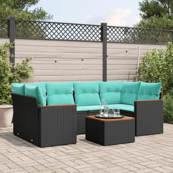 Ensemble de canapé de jardin 7 pcs avec coussins noir résine tressée