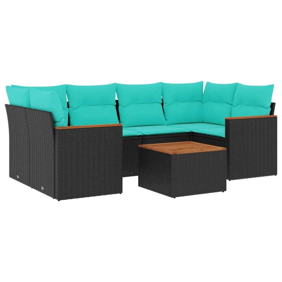 Ensemble de canapé de jardin 7 pcs avec coussins noir résine tressée - 2