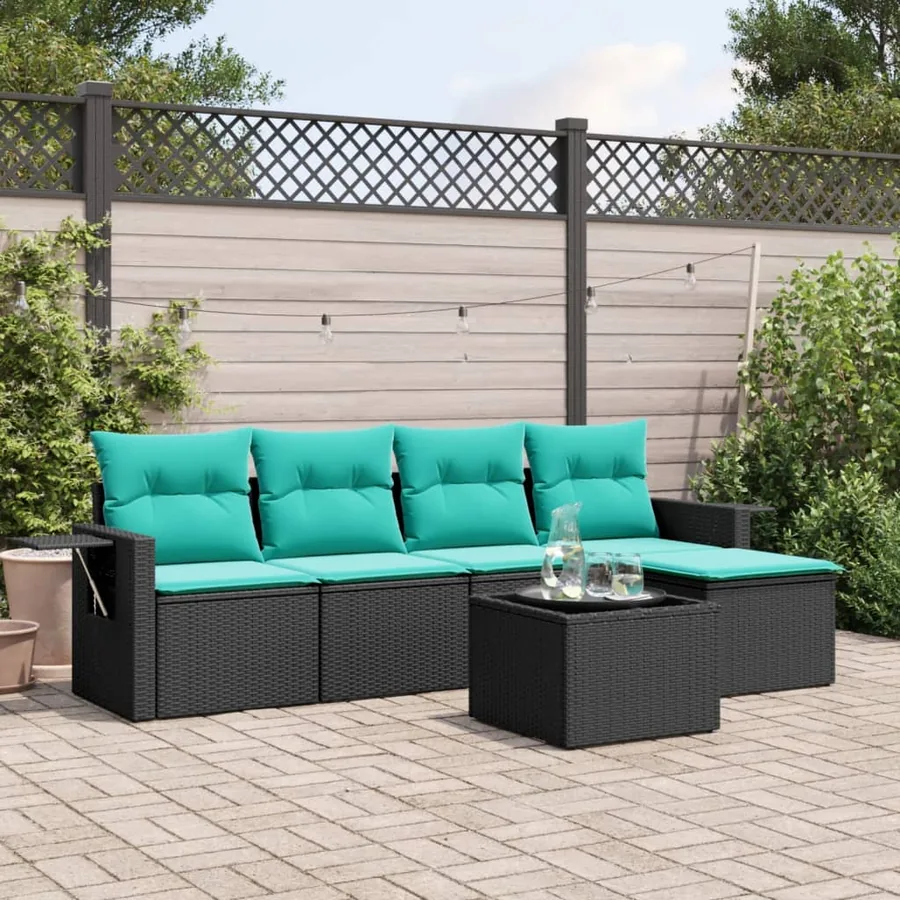 Ensemble de canapé de jardin 6 pcs avec coussins noir résine tressée