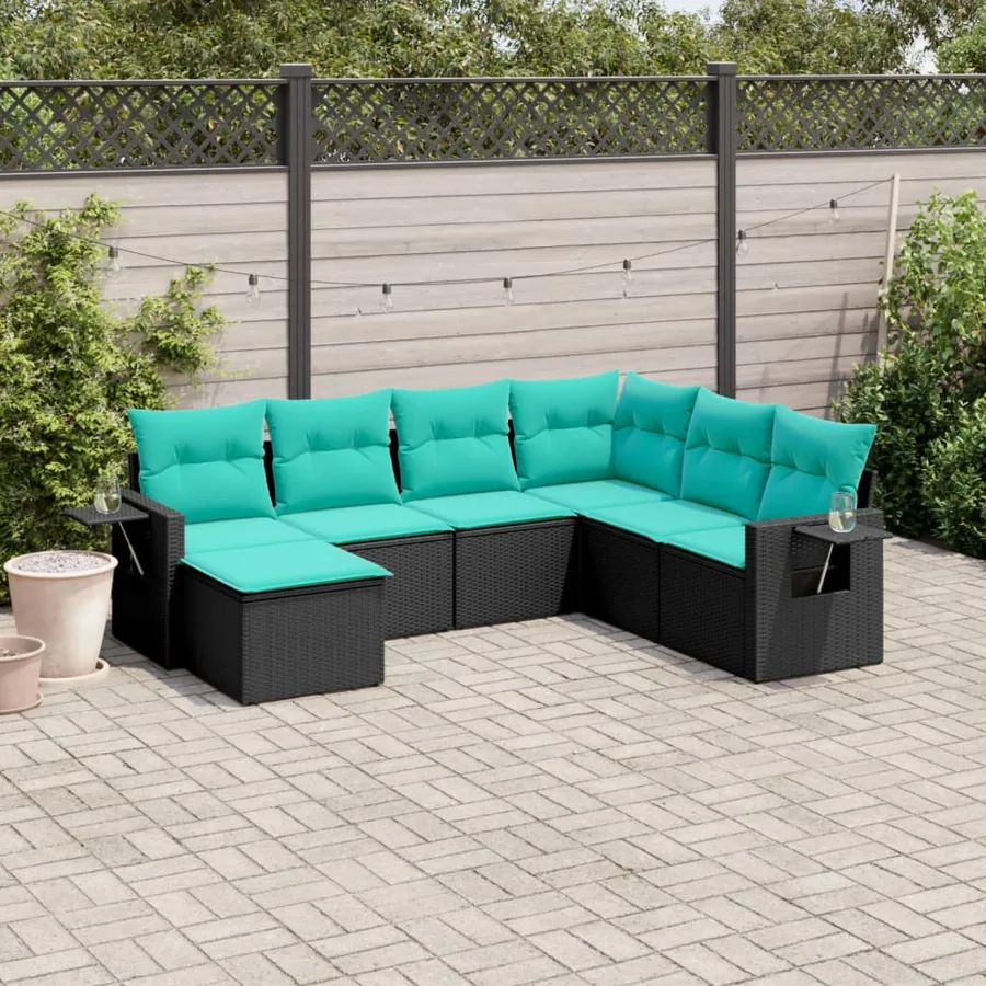 Salon de jardin 7 pcs avec coussins noir résine tressée 62 x 62 x 69 cm - 55,6 kg