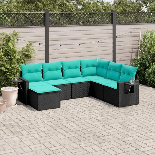 Salon de jardin 7 pcs avec coussins noir résine tressée 62 x 62 x 69 cm - 55,6 kg