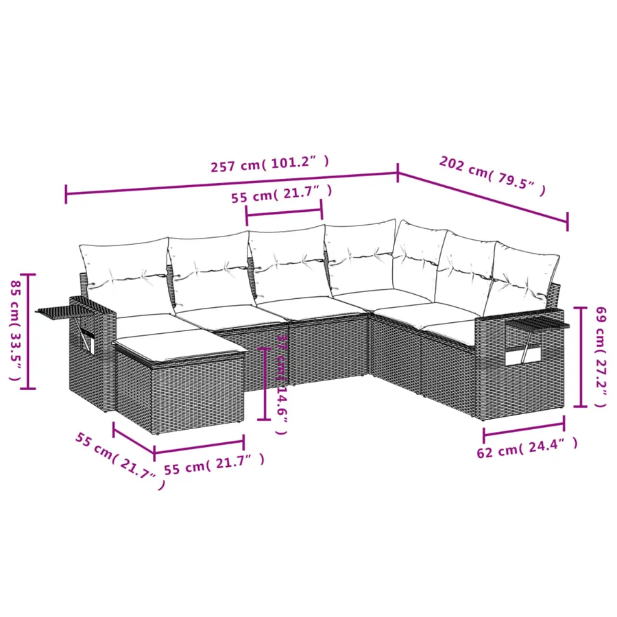 Salon de jardin 7 pcs avec coussins noir résine tressée 62 x 62 x 69 cm - 55,6 kg - 9