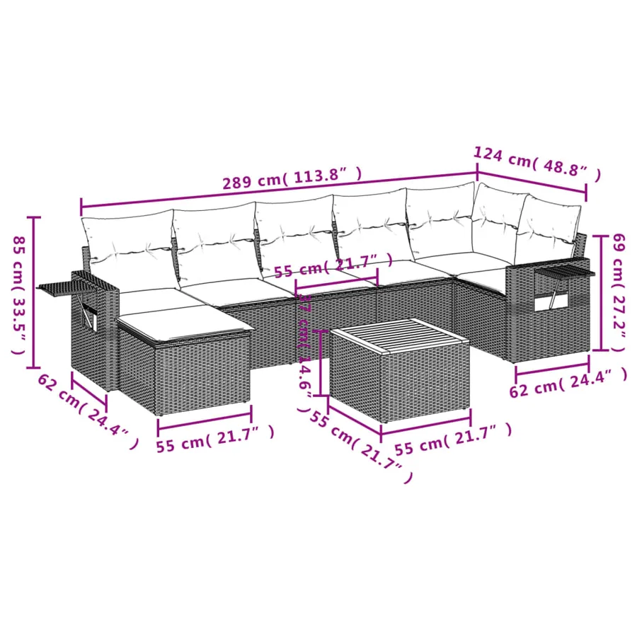 Ensemble de canapé de jardin 8 pcs avec coussins noir résine tressée - 10