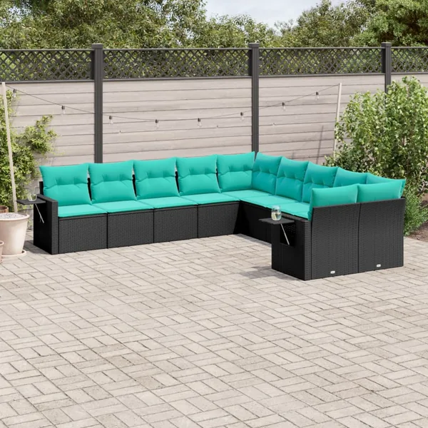 Salon de jardin 10 pcs avec coussins noir résine tressée