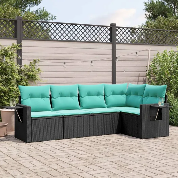 Salon de jardin 5 pcs avec coussins noir résine tressée