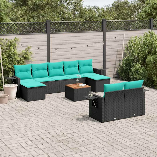 Ensemble de canapé de jardin 10 pcs avec coussins noir résine tressée