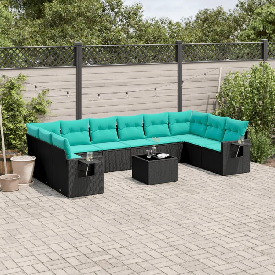 Ensemble de canapé de jardin 11 pcs avec coussins noir résine tressée