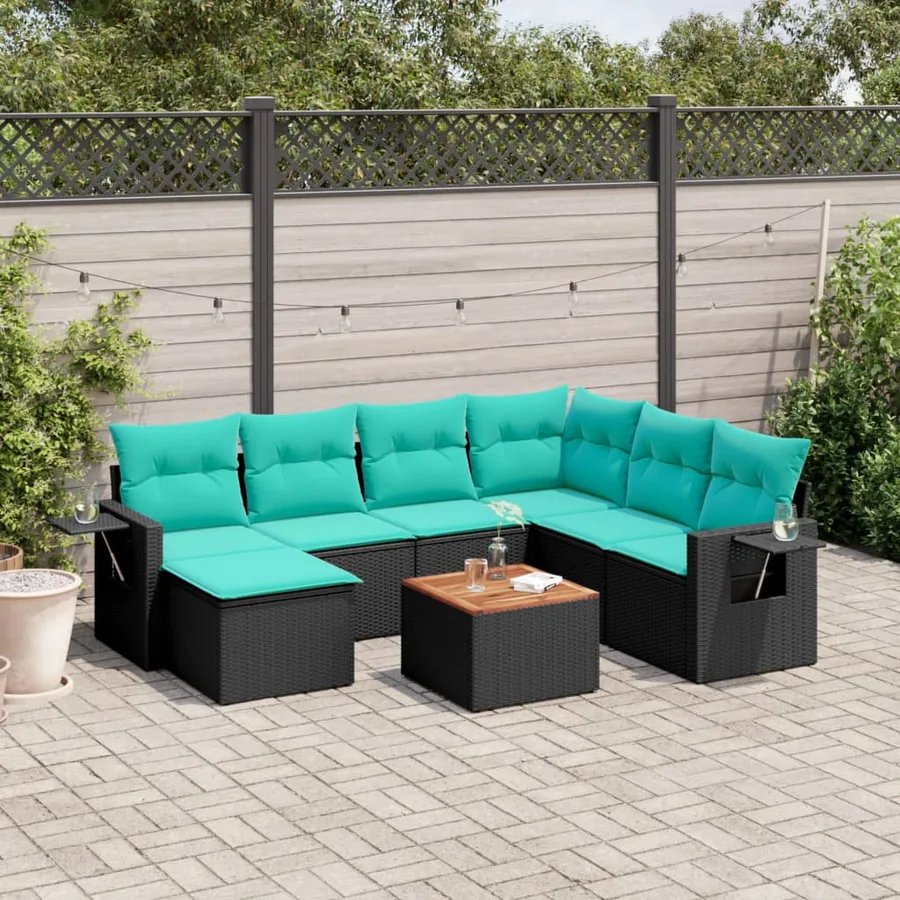 Ensemble de canapé de jardin 8 pcs avec coussins noir résine tressée