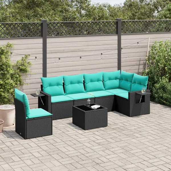 Ensemble de canapé de jardin 7 pcs avec coussins noir résine tressée