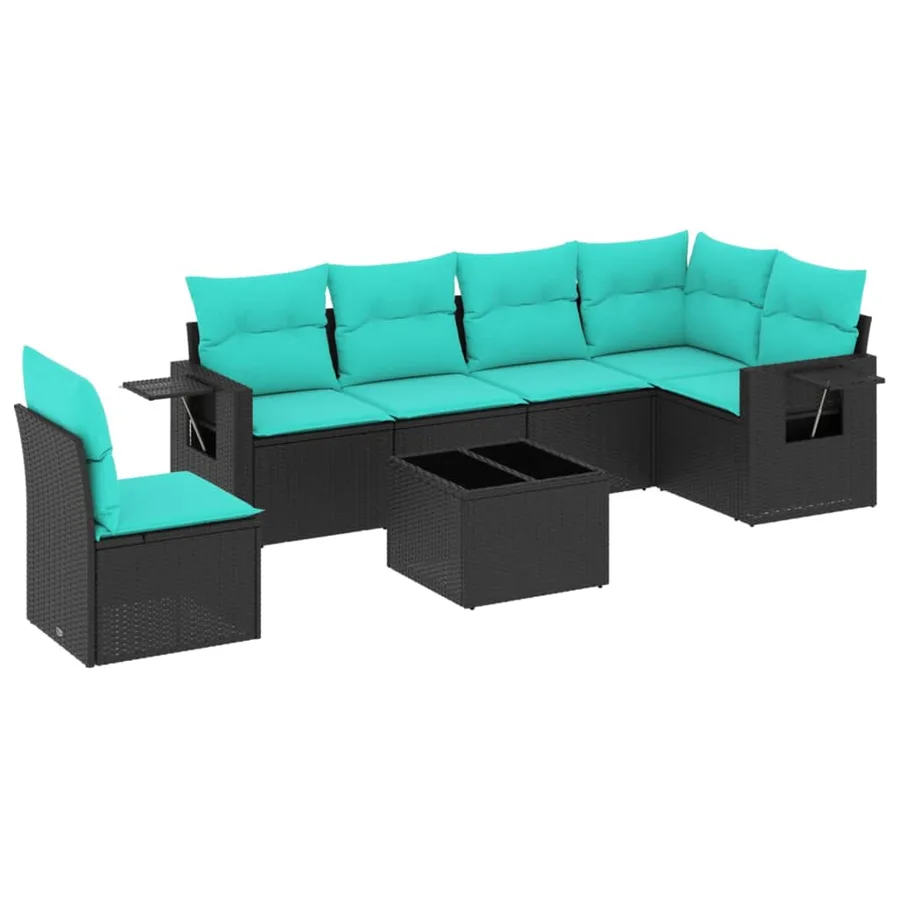 Ensemble de canapé de jardin 7 pcs avec coussins noir résine tressée - 2