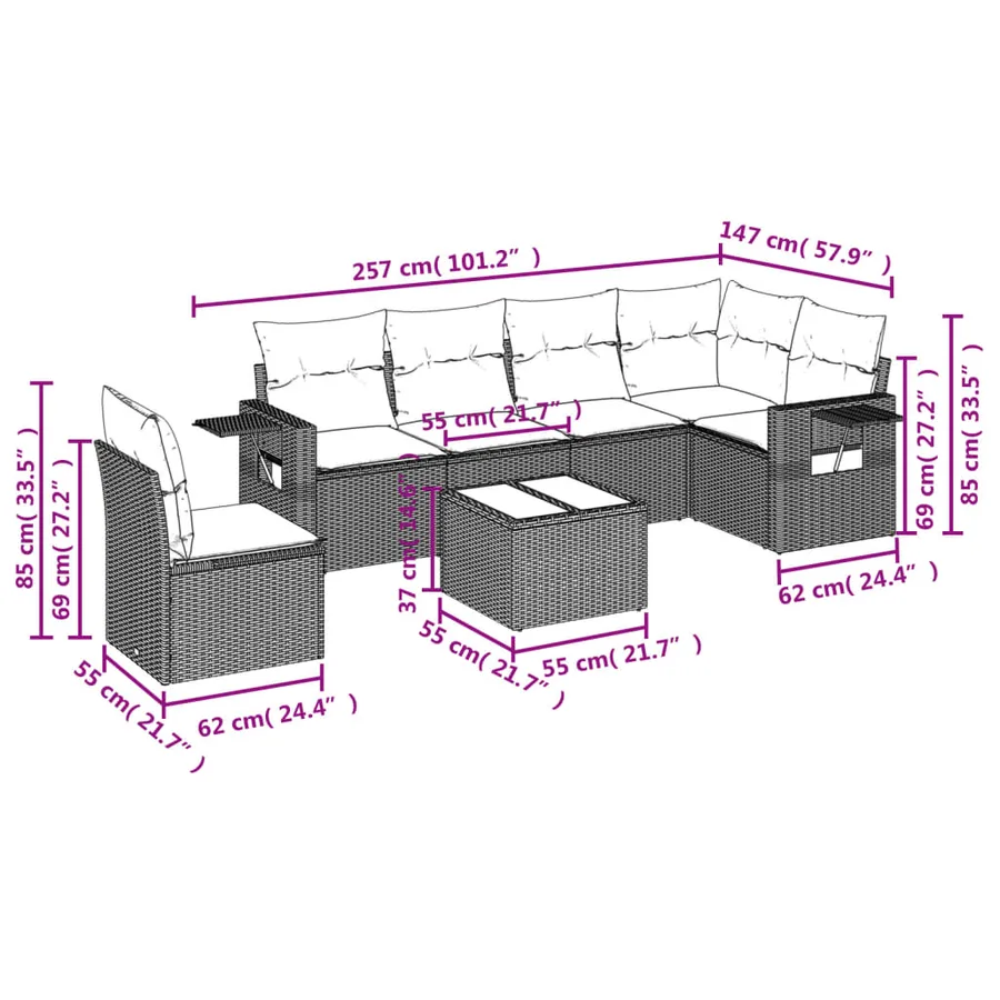 Ensemble de canapé de jardin 7 pcs avec coussins noir résine tressée - 9
