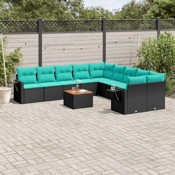 Ensemble de canapé de jardin 11 pcs avec coussins noir résine tressée