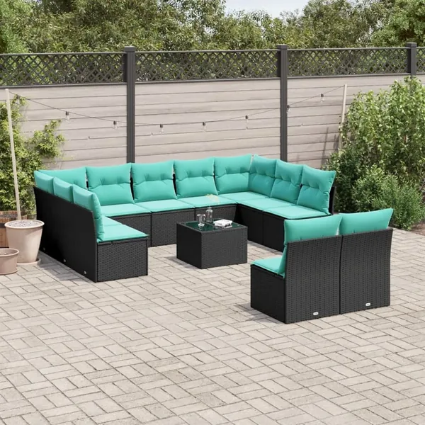 Ensemble de canapé de jardin 12 pcs avec coussins noir résine tressée