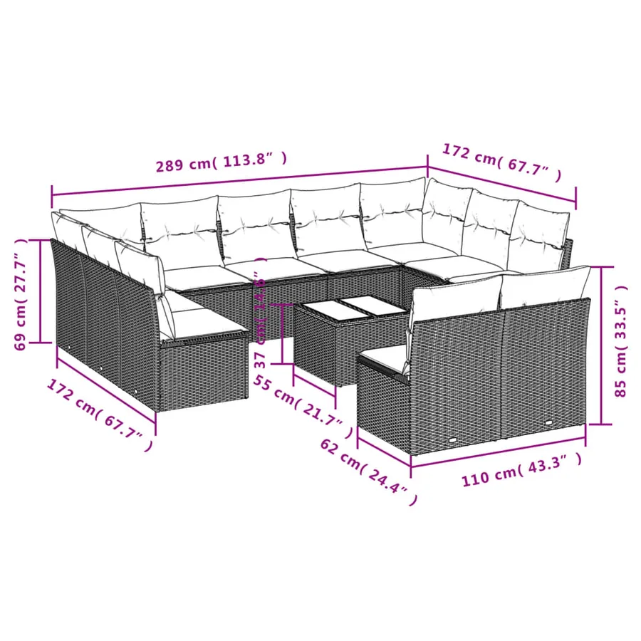 Ensemble de canapé de jardin 12 pcs avec coussins noir résine tressée - 7