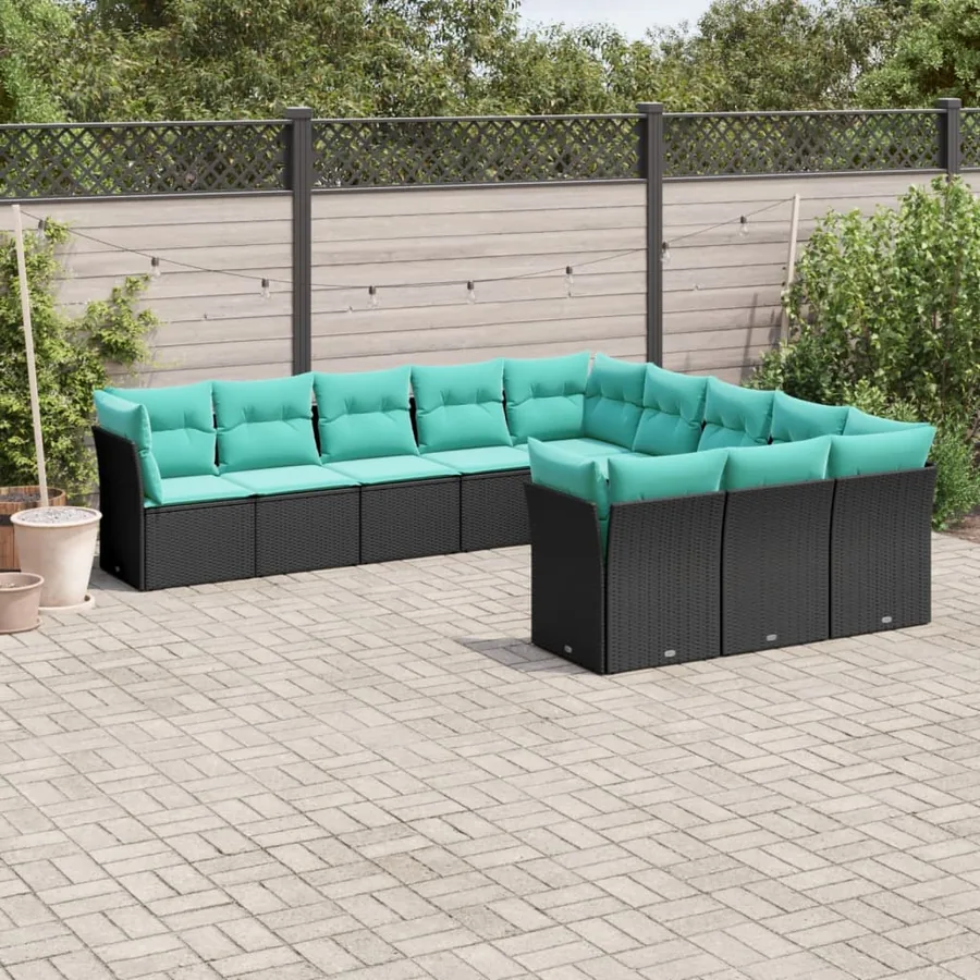 Salon de jardin 11 pcs avec coussins noir résine tressée