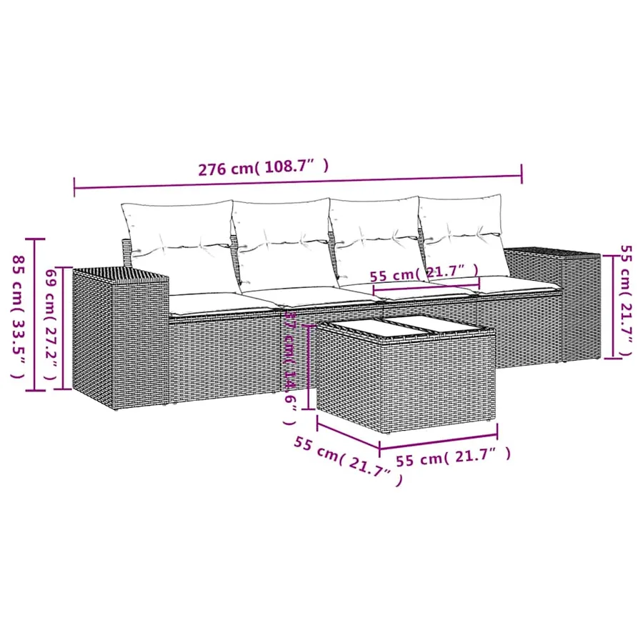 Ensemble de canapé de jardin 5 pcs avec coussins noir résine tressée - 8