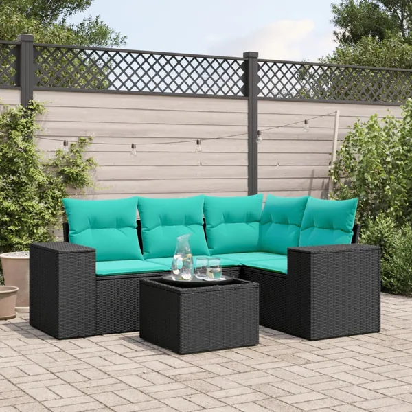 Ensemble de canapé de jardin 5 pcs avec coussins noir résine tressée