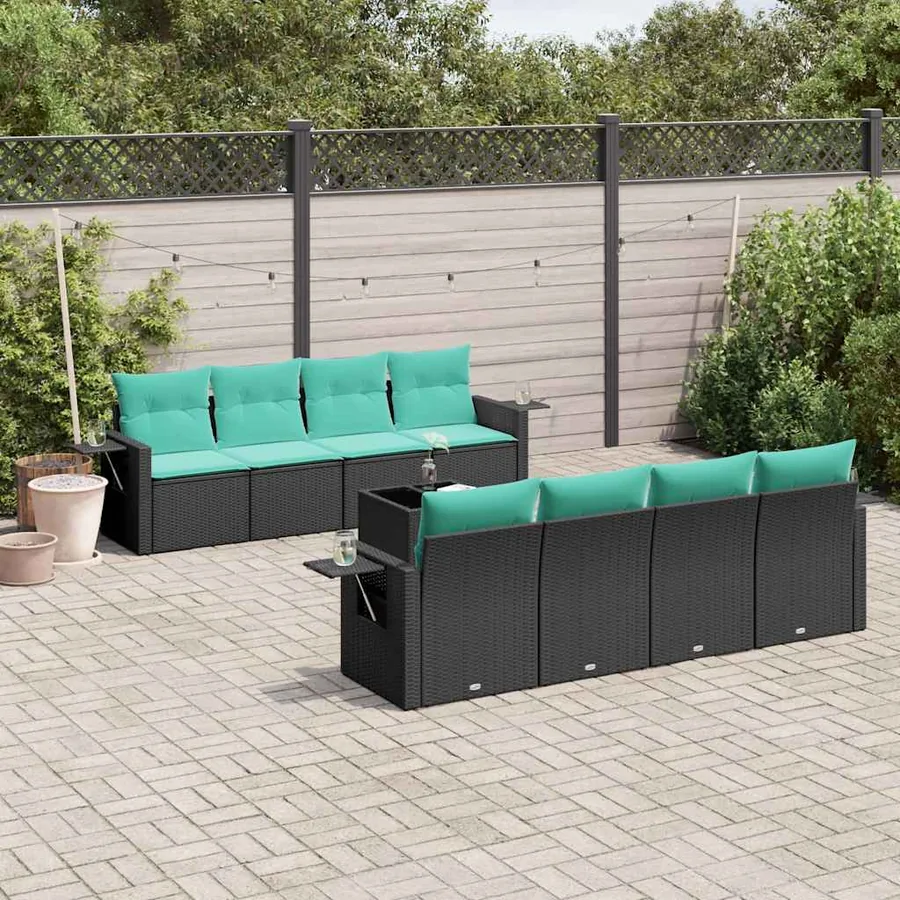 Ensemble de canapé de jardin 9 pcs avec coussins noir résine tressée