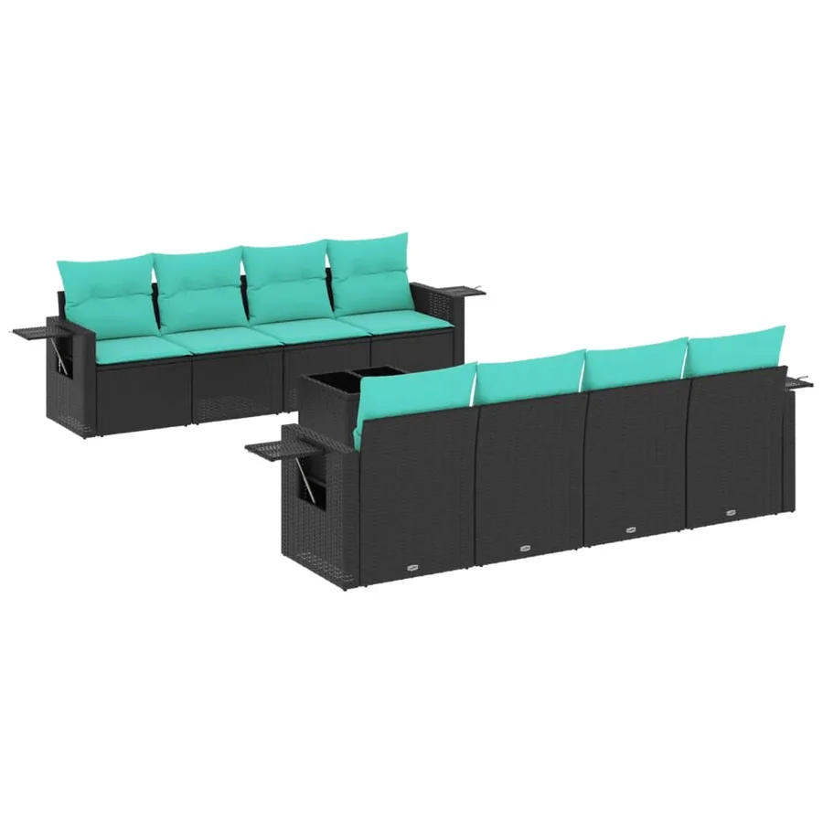Ensemble de canapé de jardin 9 pcs avec coussins noir résine tressée - 2