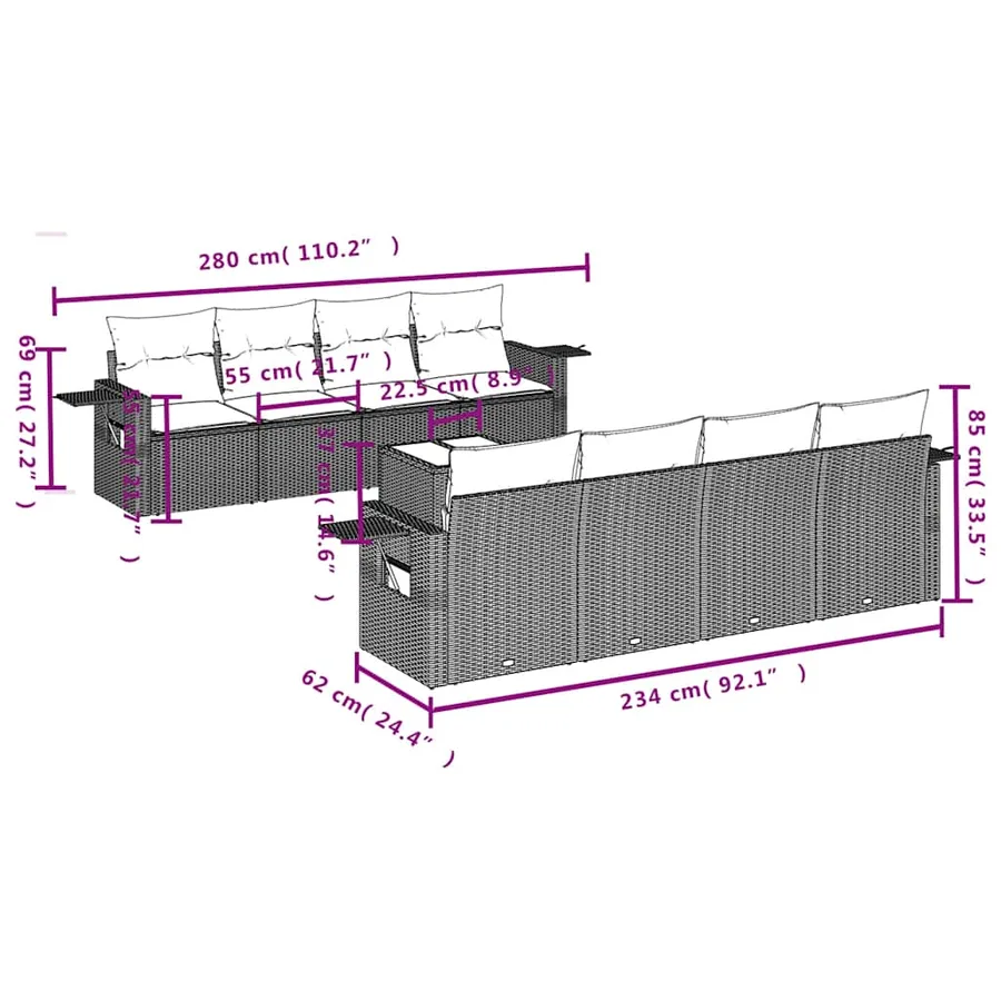 Ensemble de canapé de jardin 9 pcs avec coussins noir résine tressée - 8